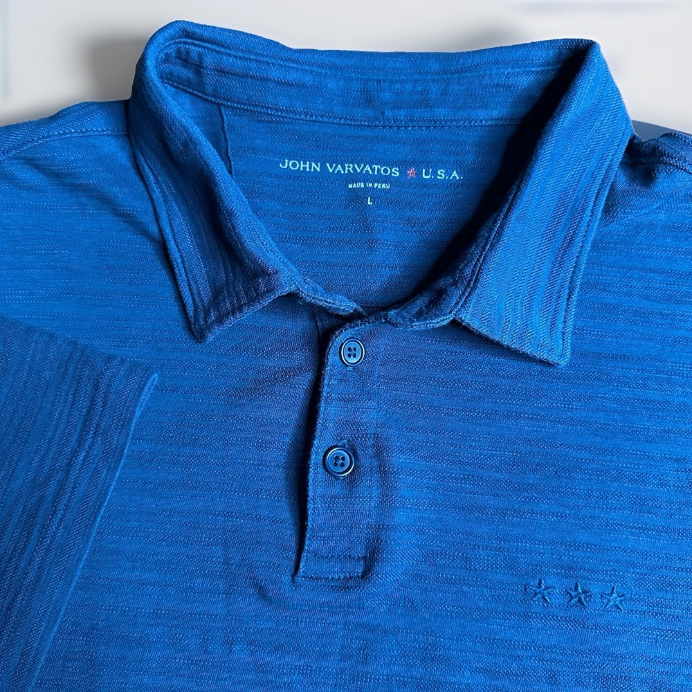 John Varvatos Polo Shirt Mens Large Blue Striped Cotton Linen Jersey Casual